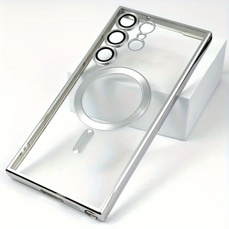 (plata Galaxy S24 Ultra) Funda Magnética Transparente Galvanizada Para Teléfono Samsung, Protector De Lente Suave
