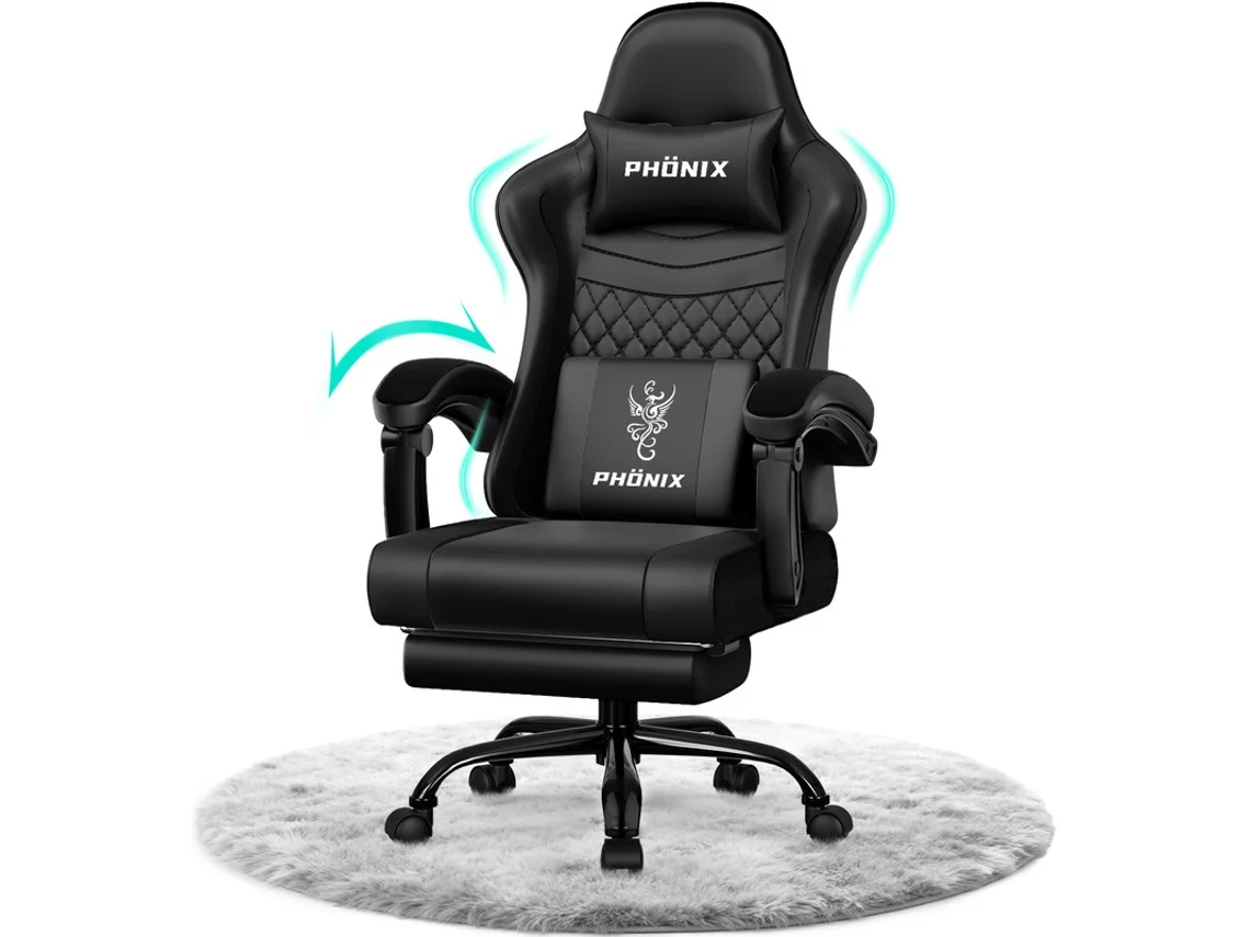 Silla Ergonómica Para Juegos Con Reposapiés, Reclinable Hasta 165°, Cómoda Piel Premium, Diseño Elegante, Negro Mihappy