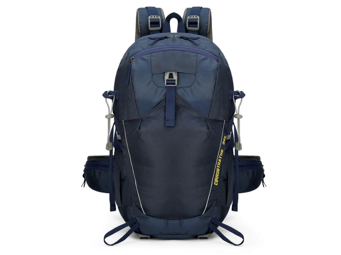 Mochila espaciosa de nylon, ideal para viajes y actividades al aire libre. Resistente al agua y con amplios bolsillos. Color: Azul oscuro.