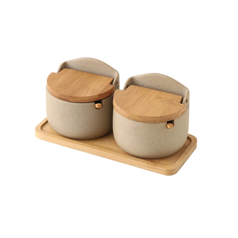 Juego de 2 piezas: Cuchara de cerámica de estilo japonés y tetera con tapa de bambú, recipiente ecológico. MDUG