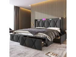 Cama 140x200 Cm Con 4 Cajones, Led, Usb, Almacenamiento Integrado, Gris, Sin Colchón.