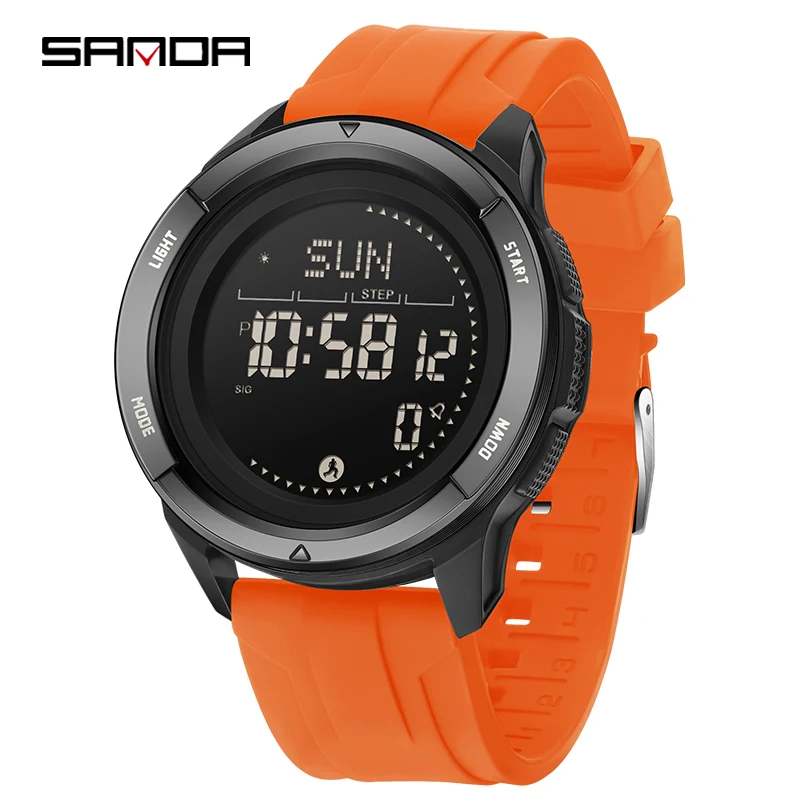 Reloj Digital Para Hombre Con Correa De Silicona Naranja, Podómetro, Brújula Y Función Resistente Al Agua Para Uso En Exteriores.