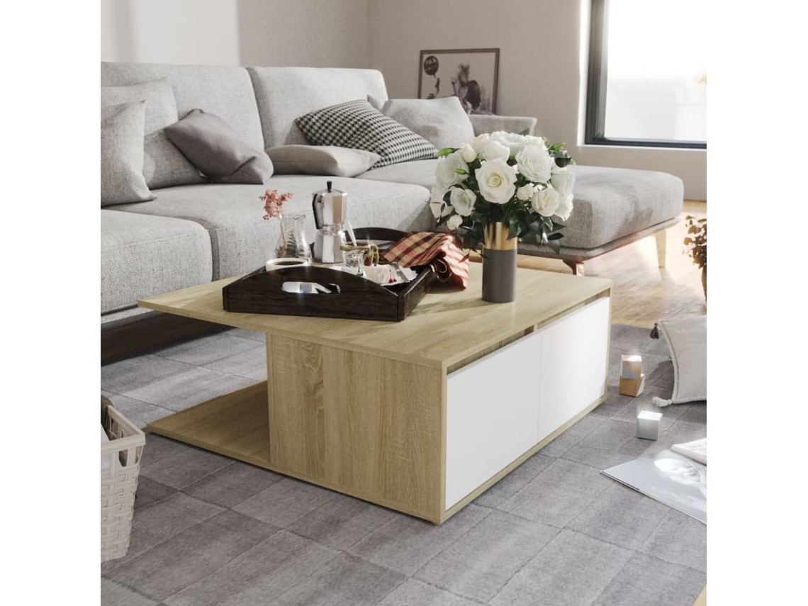 Mesa de Centro de Apoyo 80X80X31 Cm Contrapl. Blanco y Roble Sonoma