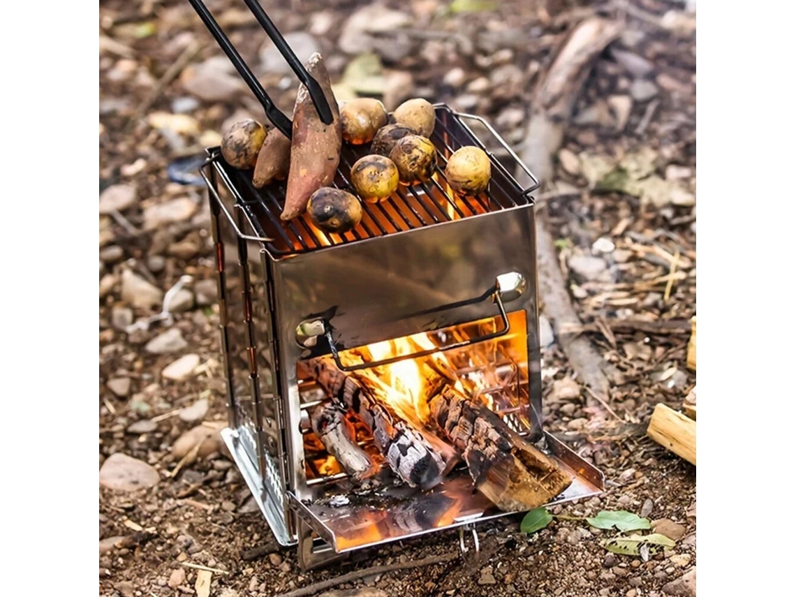 Silveripree Fogão Portátil Dobrável Aço Inoxidável Queimador Lenha Mini Churrasqueira Bolsa Transporte Acessórios Camping Aquecedor
