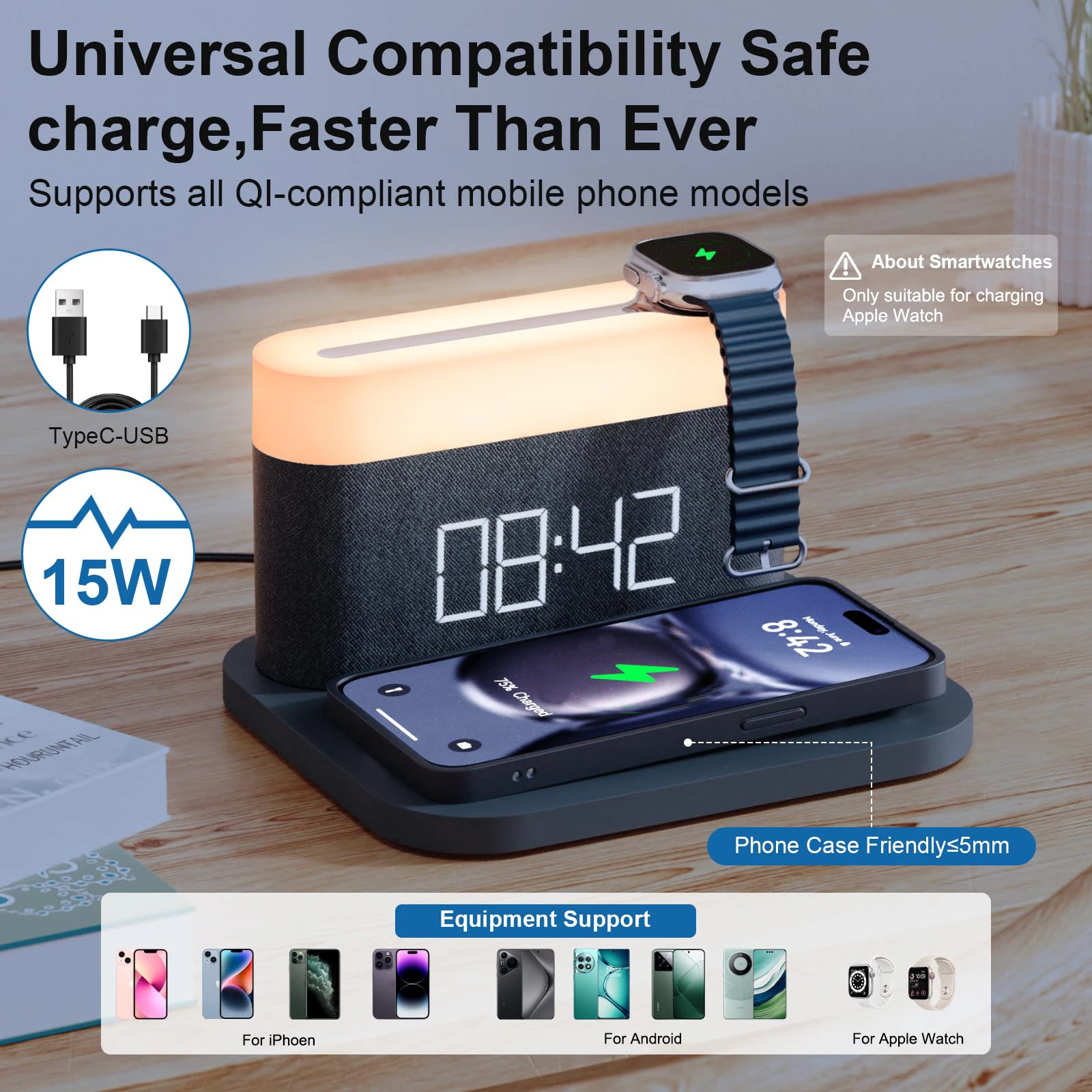 Reloj Despertador Inalámbrico De 15 W Con Luz Led Nocturna Digital Para Iphone, Samsung Y Huawei, Brillo Ajustable.