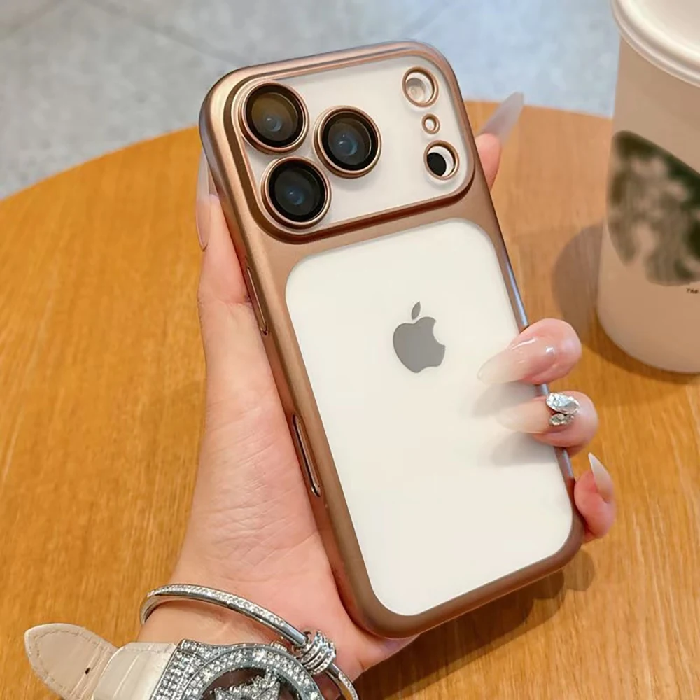 (hola Iphone 17 Dorado) Funda Transparente Esmerilada Con Marco Galvanizado Para Iphone, Protector De Lente A Prueba De Golpes.