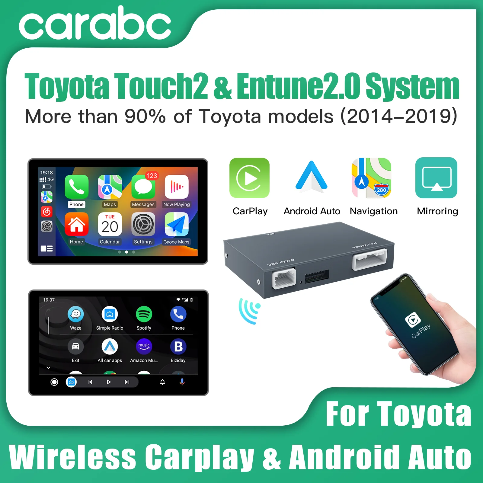 Carabc Wireless Carplay Android Auto para Toyota Camry Chr Rav4 Corolla Tacoma Tundra Highlander Prius 4runner Yaris Toyota-01