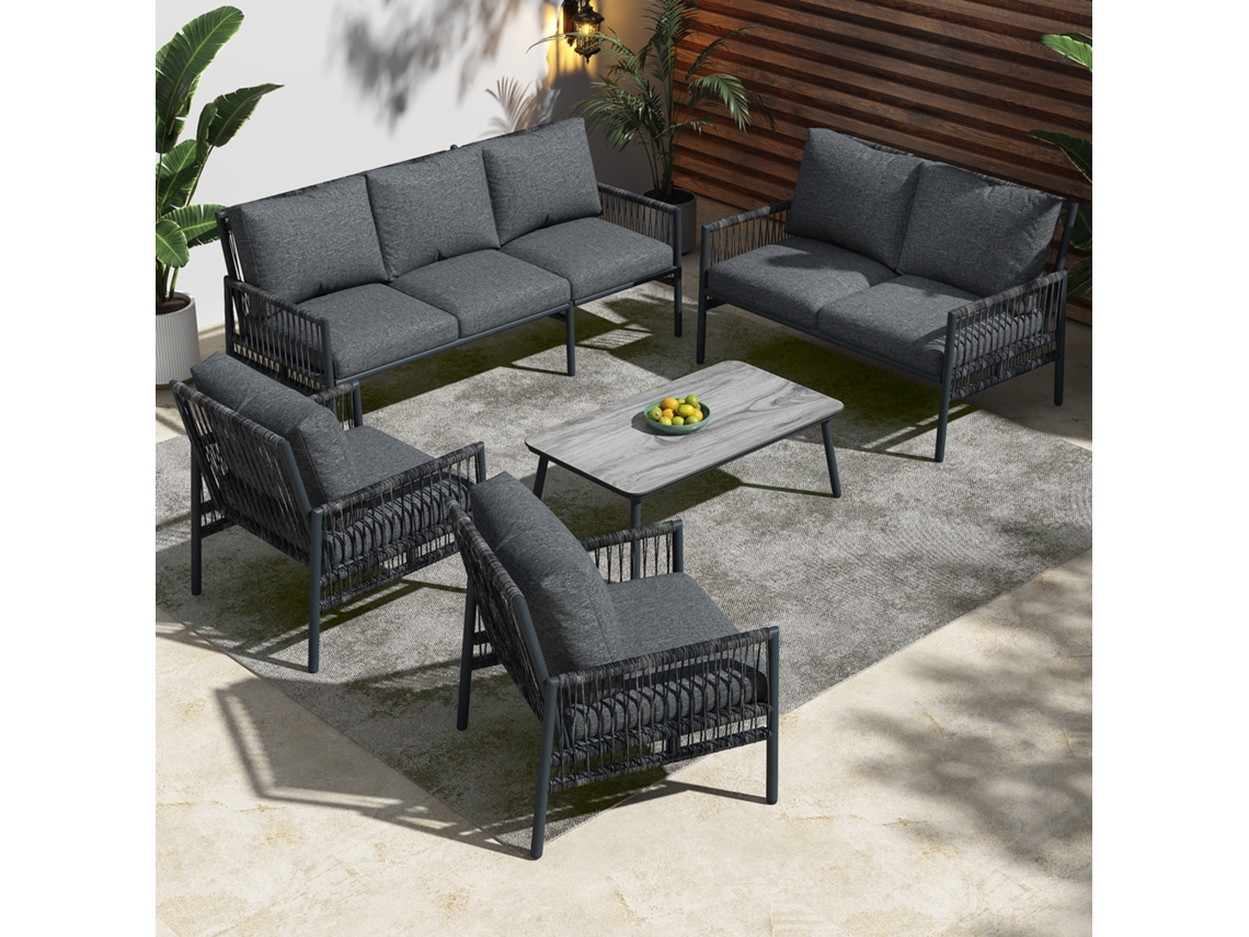 Conjunto de jardín exterior para 7 personas, sofás con cojines extraíbles, mesa de cristal con acabado imitación madera, estructura robusta, terraza y jardín.