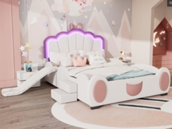 Cama Infantil De Piel Sintética 140x200 Cm - Con Tobogán Y Escalera - Con Led Y Mando A Distancia - Rosa