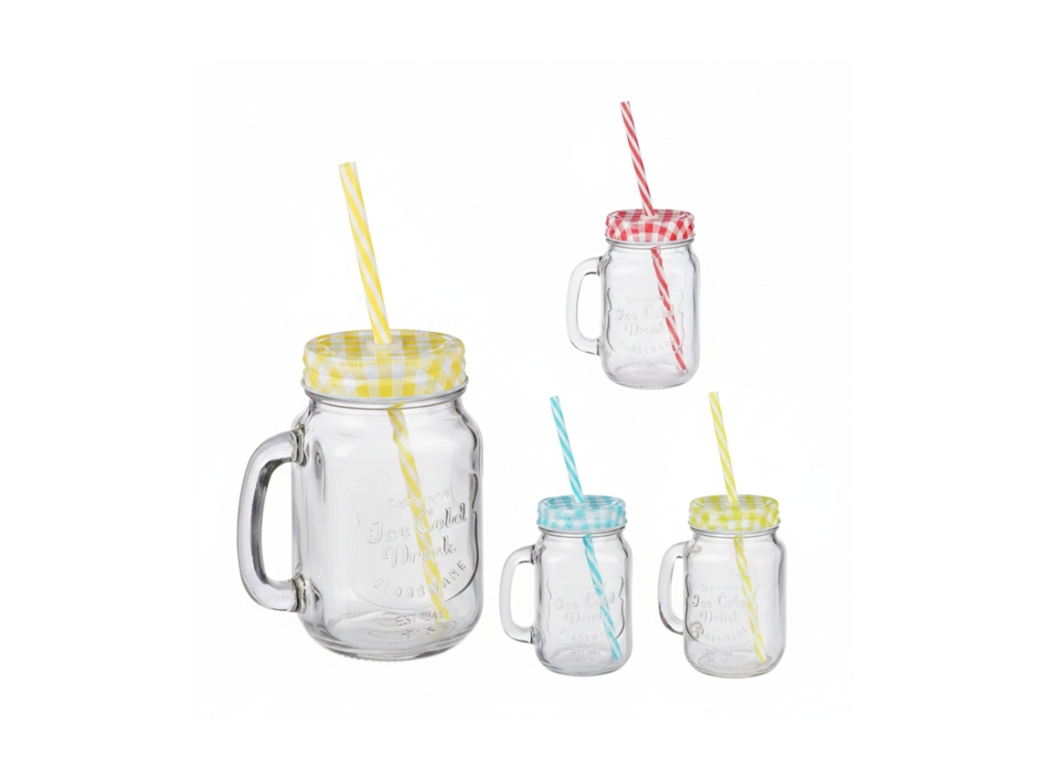 Relaxdays Jarras Con Tapa Y Pajita, Set De 4 Jarritas Limonada, 500 Ml, Vasos Retro Veraniegos Con Asa, Multicolor