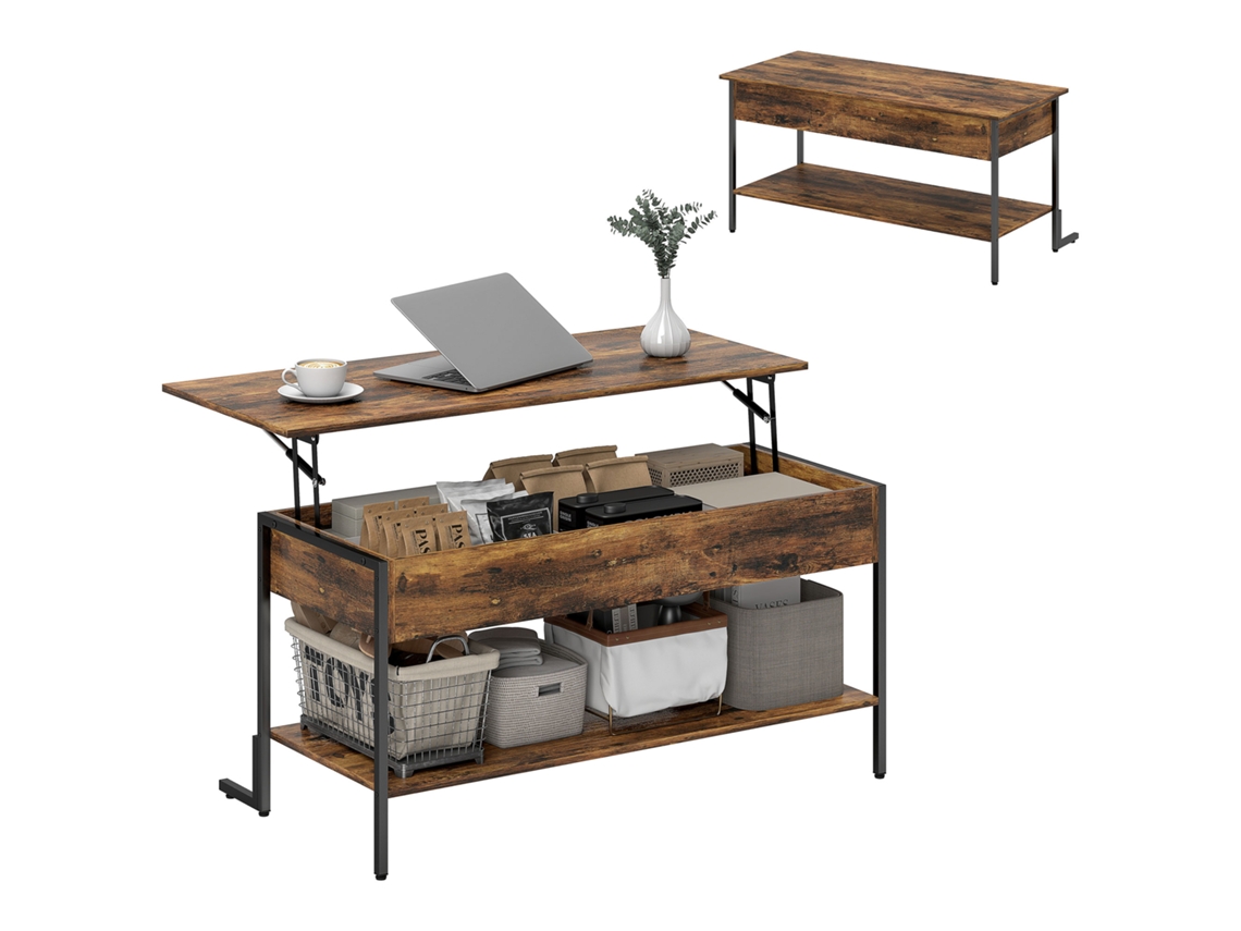 Mesa De Centro Elevable De Estilo Industrial Con Almacenamiento Oculto Y Estante Inferior, Color Marrón.