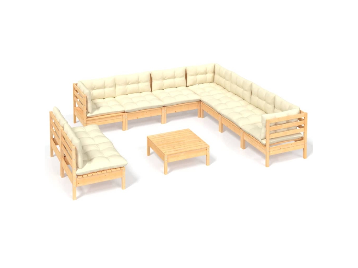 Juego de 10 sillones de jardín con cojines de pino macizo color crema MAISON EXCLUSIVE