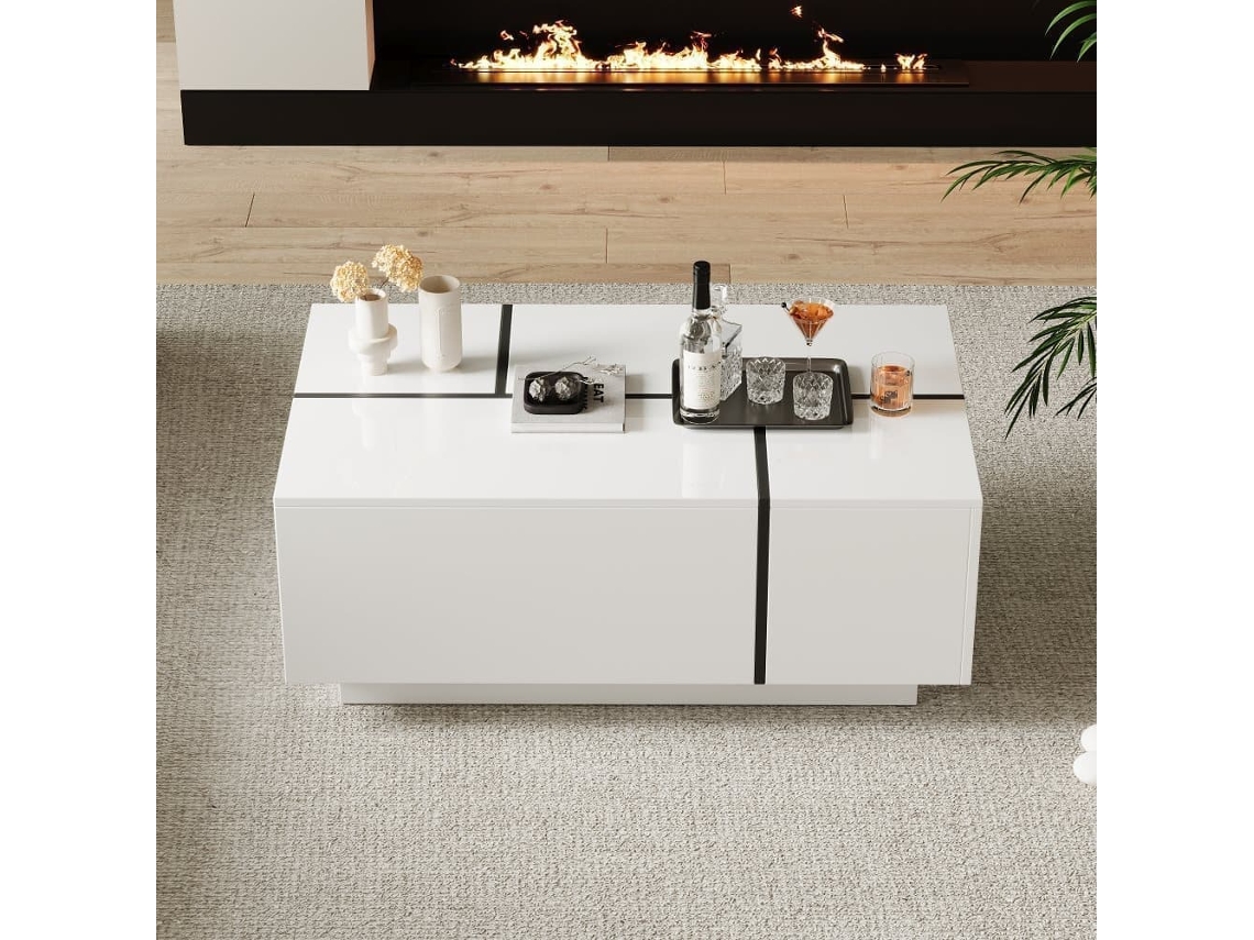 Mesa De Centro Cuadrada 100x60x40 Cm - Mesa De Salón Con Cuatro Cajones, Tapa Deslizante, Hasta 30 Kg - Blanco