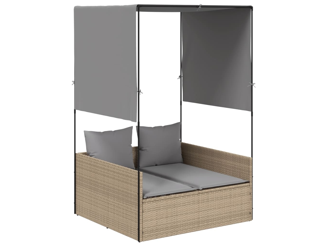 Tumbona doble con dosel y cortinas de mimbre, beige, MAISON EXCLUSIVE