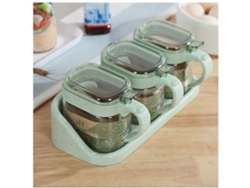 Set De 3 Frascos De Especias De Vidrio Transparente Con Tapa Cuchara Y Base Para Cocina Color Verde