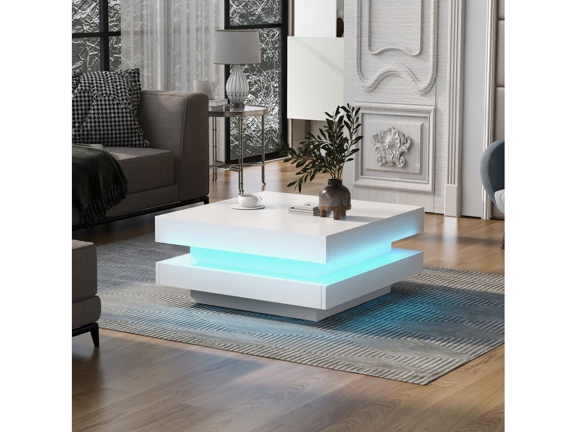 Mesa De Centro Contemporánea Con Led En 16 Colores - Forma Cuadrada - Blanco