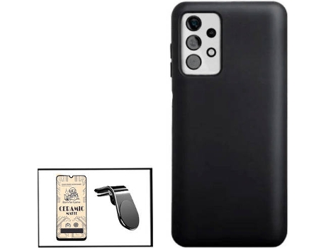 Kit Cristal Templado CeramicGlass Full Cover, Funda Silicona y Soporte Magnético L Safe Driving Coche Samsung Galaxy A32 5G PHONECARE Negro