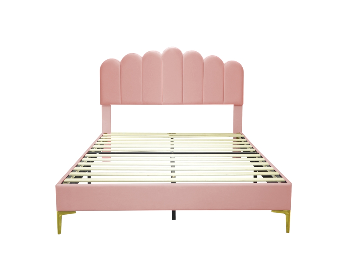 Cama Tapizada En Terciopelo De 140 X 200 Cm Con Somier De Láminas Y Cabecero Ajustable, Color Rosa