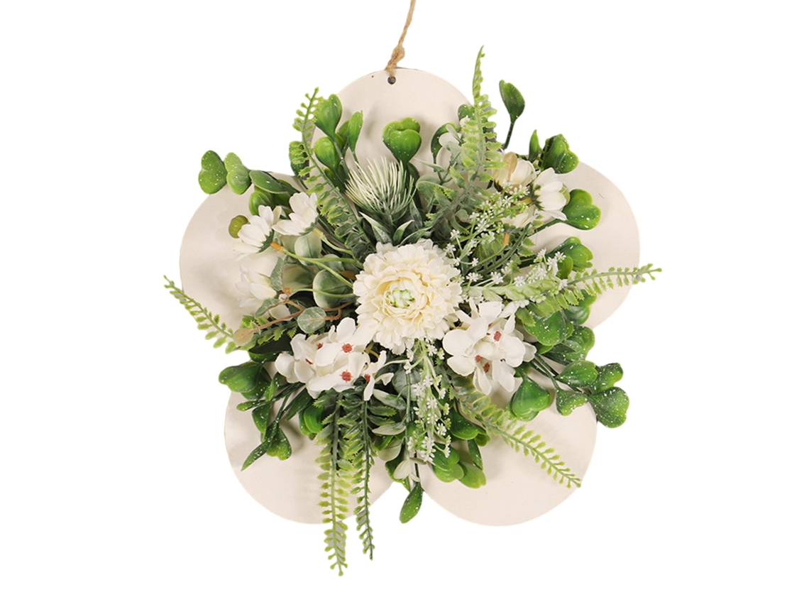 Placa colgante de madera con flores artificiales de 30 cm, blanca