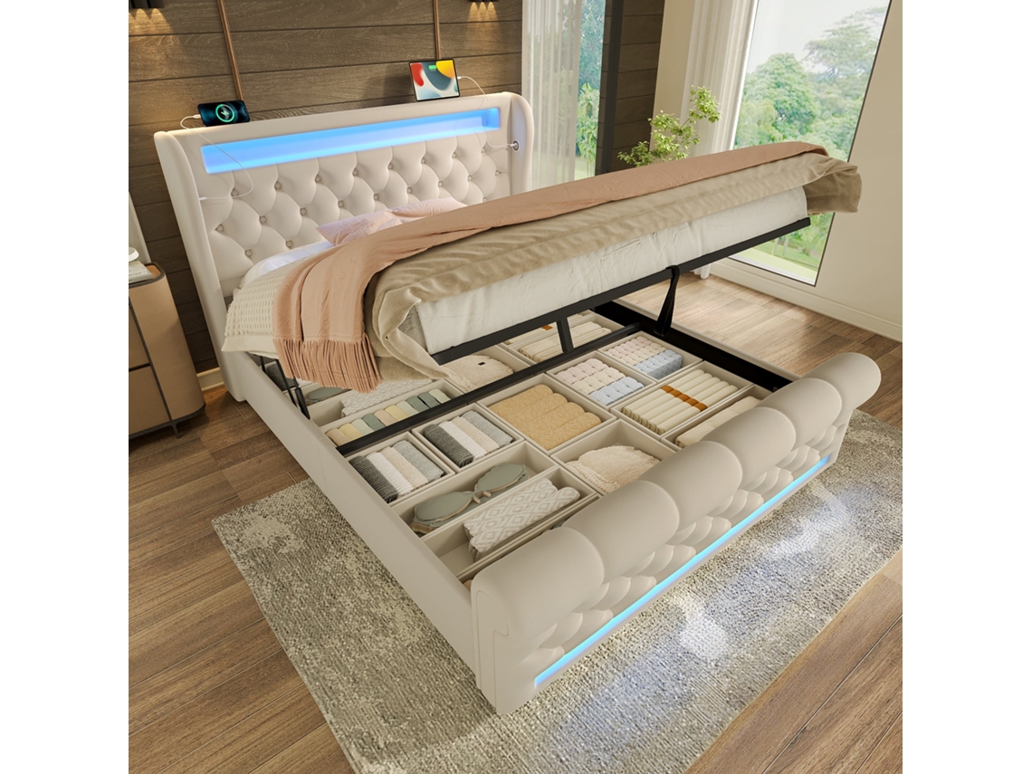 Cama De Terciopelo Beige De 160x200 Cm Con Cabecero Led Usb Y Almacenamiento.