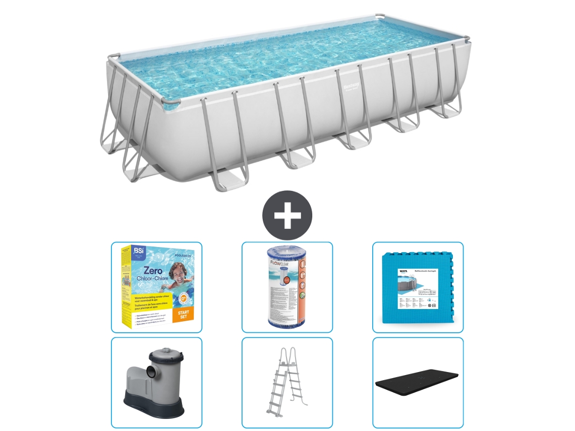 Piscina BESTWAY Rectangular Power Steel - 640 x 274 x 132 - Gris - Incluida bomba - Escalera - Cobertor Paquete de mantenimiento - Filtrar - Baldosas