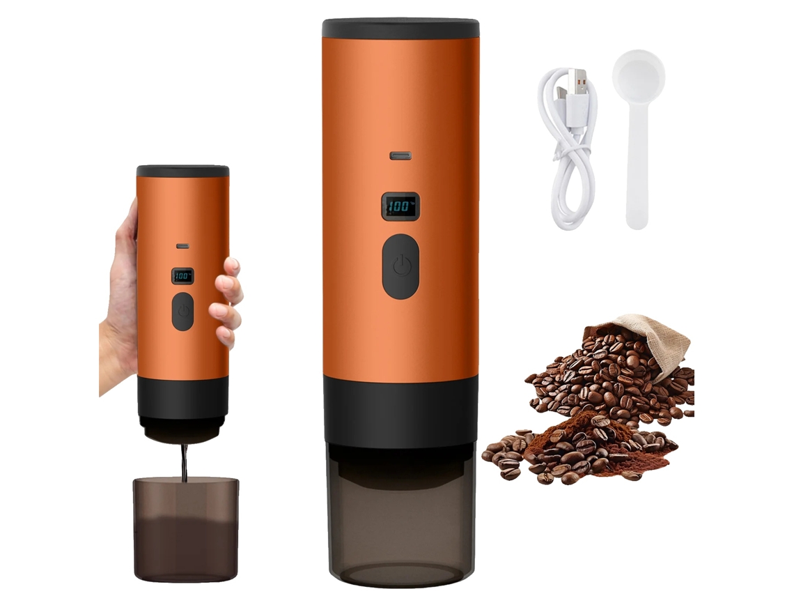 Cafetera de cápsulas, diseño portátil, extracción rápida, color naranja.