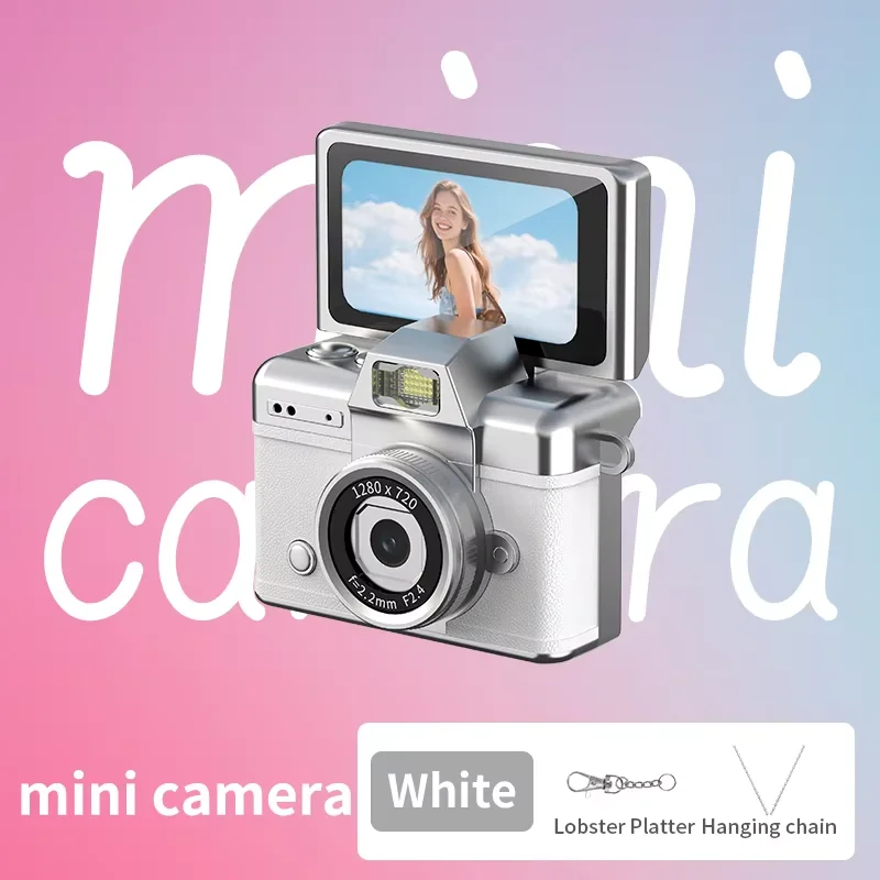 (blanco Con Tarjeta De 64 Gb) Mini Cámara Ccd, Pantalla Abatible De 180°, Diseño Con Correa Para El Cuello, Cámara De Acción De Estilo Retro.