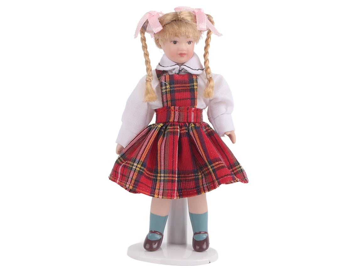 2026-muñeca Porcelana Miniatura 1:12 De Casa De Muñecas Con Vestido Rojo Y Trenza Larga Modelo De Juguete