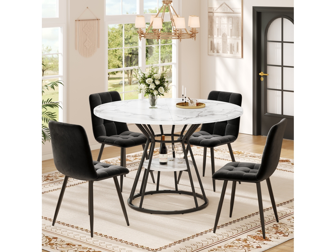 Conjunto Comedor 5 Piezas 100x100x76 Cm - Mesa Redonda Con Mármol + 4 Sillas De Terciopelo - Negro