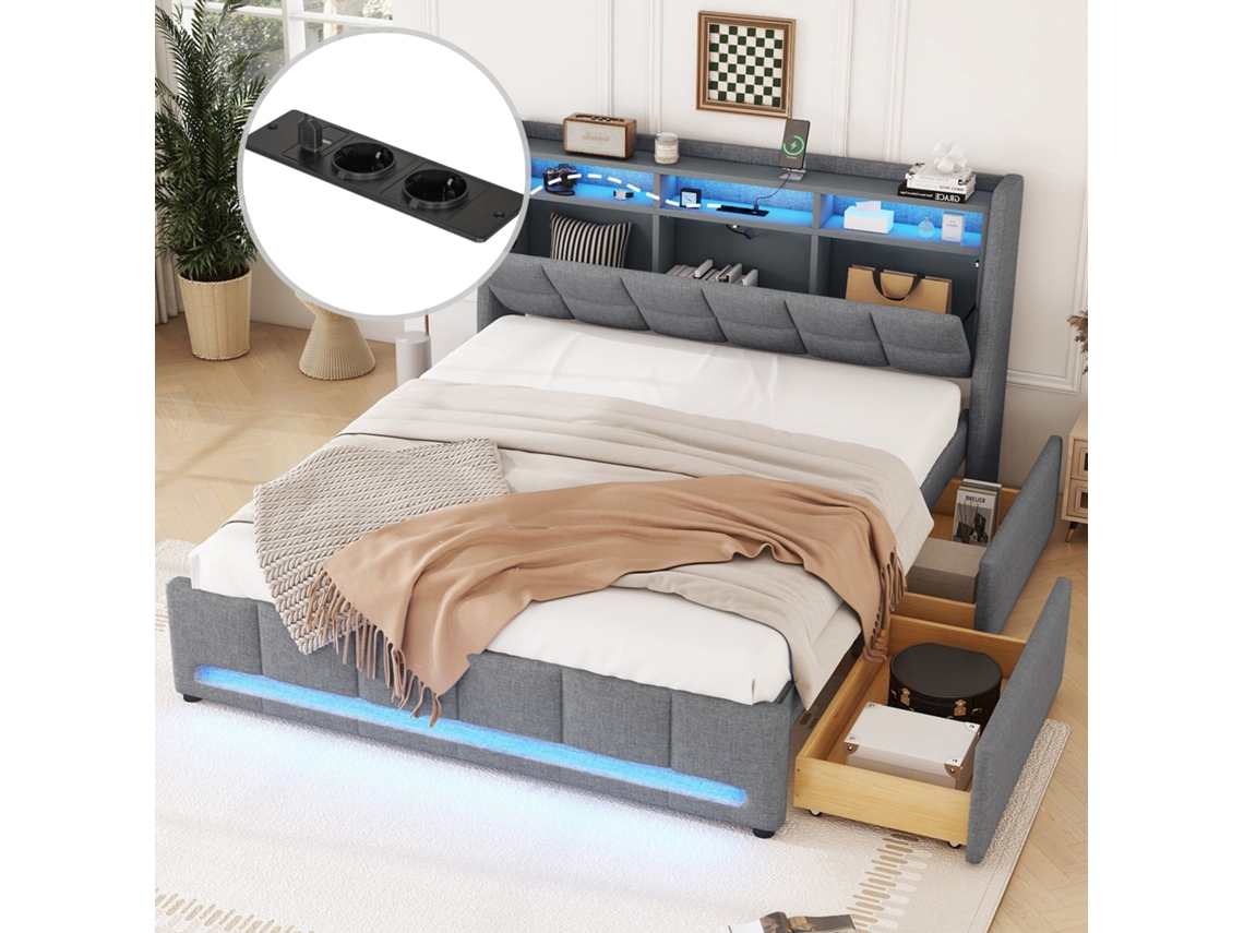 Cama Hidráulica De 140x200 Con Iluminación Led, Usb-c, Cajones Y Aplicación - Gris