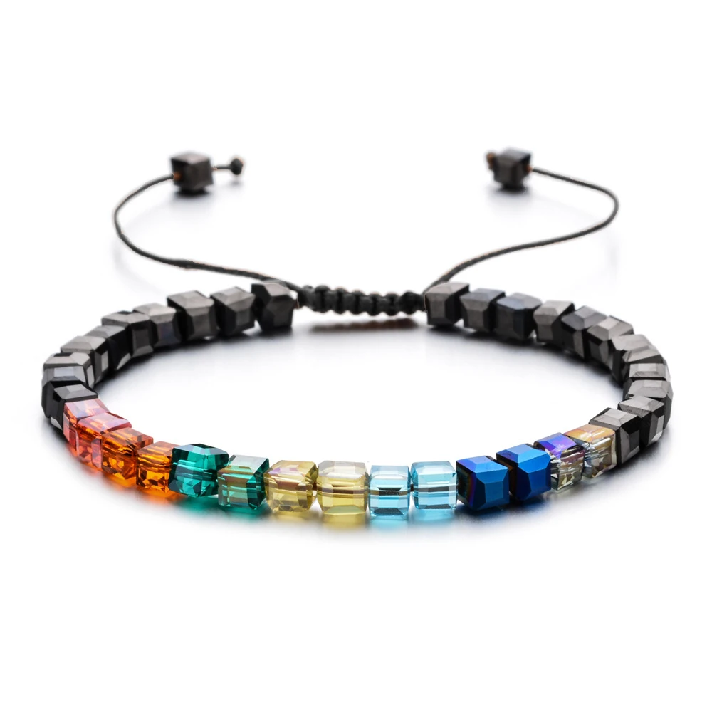 Pulsera Cuadrada De Cuentas De Cristal Con Cuerda Trenzada Ajustable.