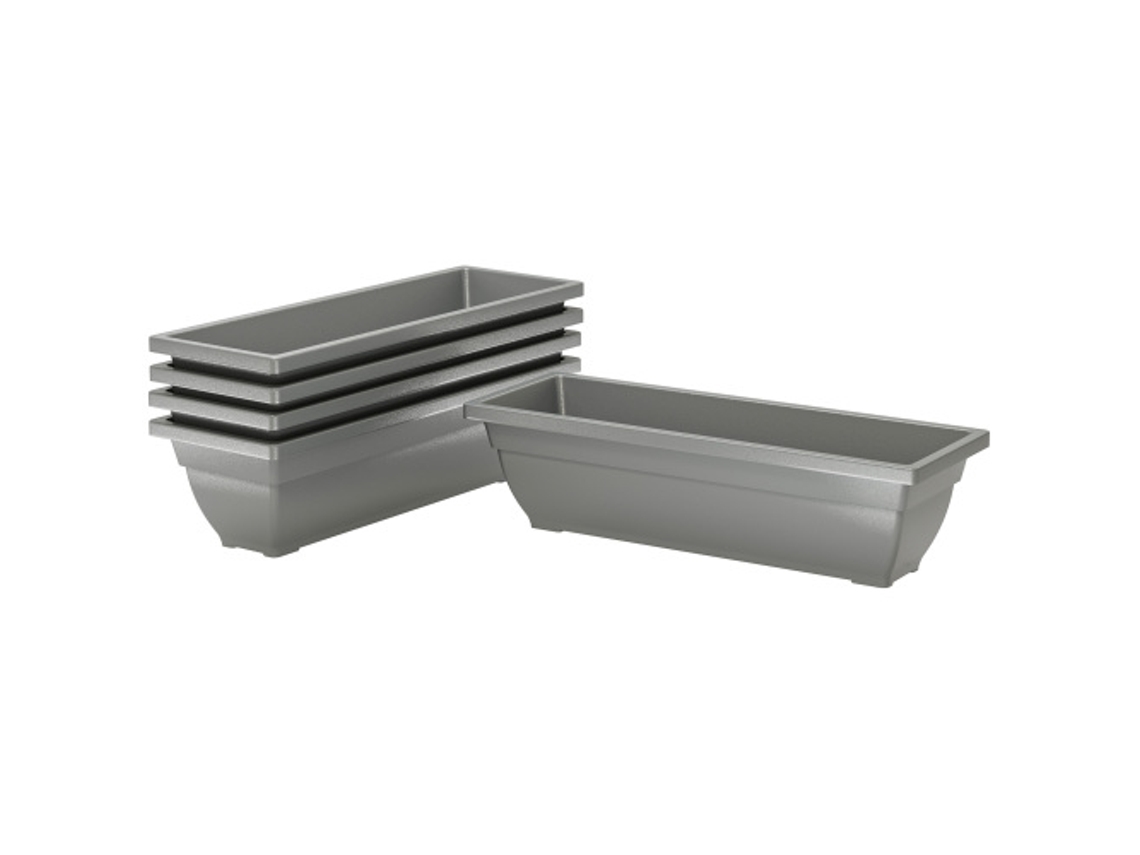 Juego de cinco macetas apilables de plástico, muy resistentes a la intemperie, aptas para uso en interiores y exteriores. Tienda BAGOLY.