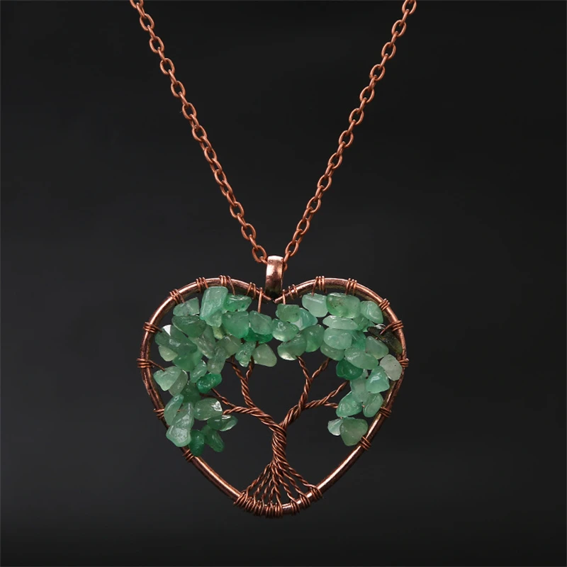 Collar con colgante en forma de corazón de cristal de aventurina verde para la sanación de chakras, que representa el Árbol de la Vida. MDUG