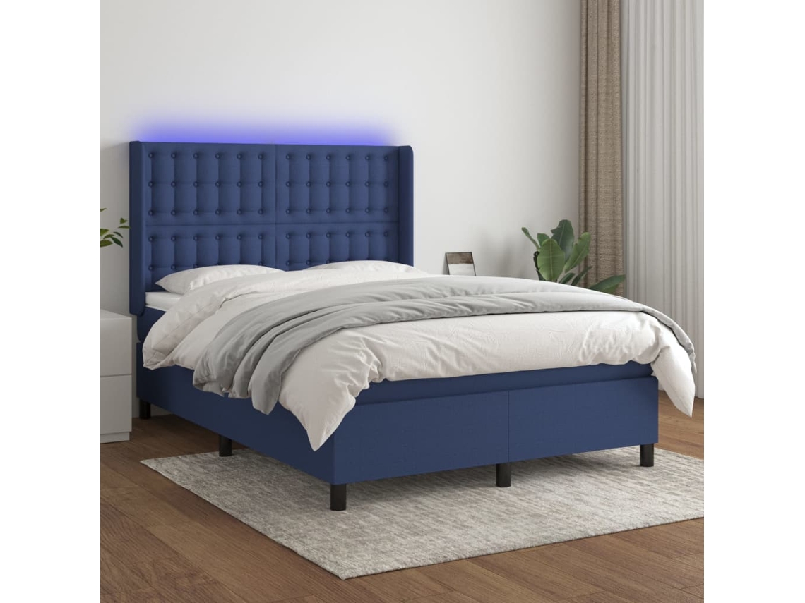 Cama Box Spring Colchón Y Luces Led Tela Azul 140x190 Cm