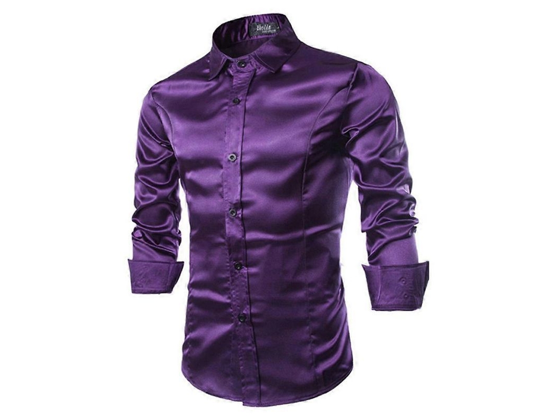 Camisa De Vestir Informal De Manga Larga Con Botones, Corte Ajustado Y Acabado Satinado Brillante De Lujo Para Hombre.