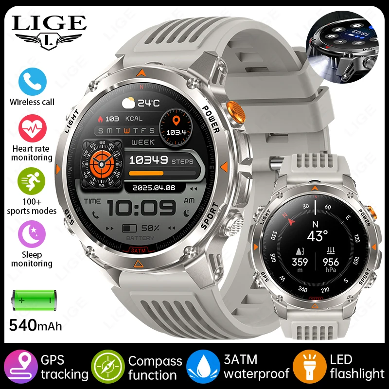 Reloj inteligente (gris) con GPS, pantalla AMOLED de 1,46 pulgadas, linterna, brújula, altímetro, llamadas Bluetooth y resistencia al agua de 3 ATM.