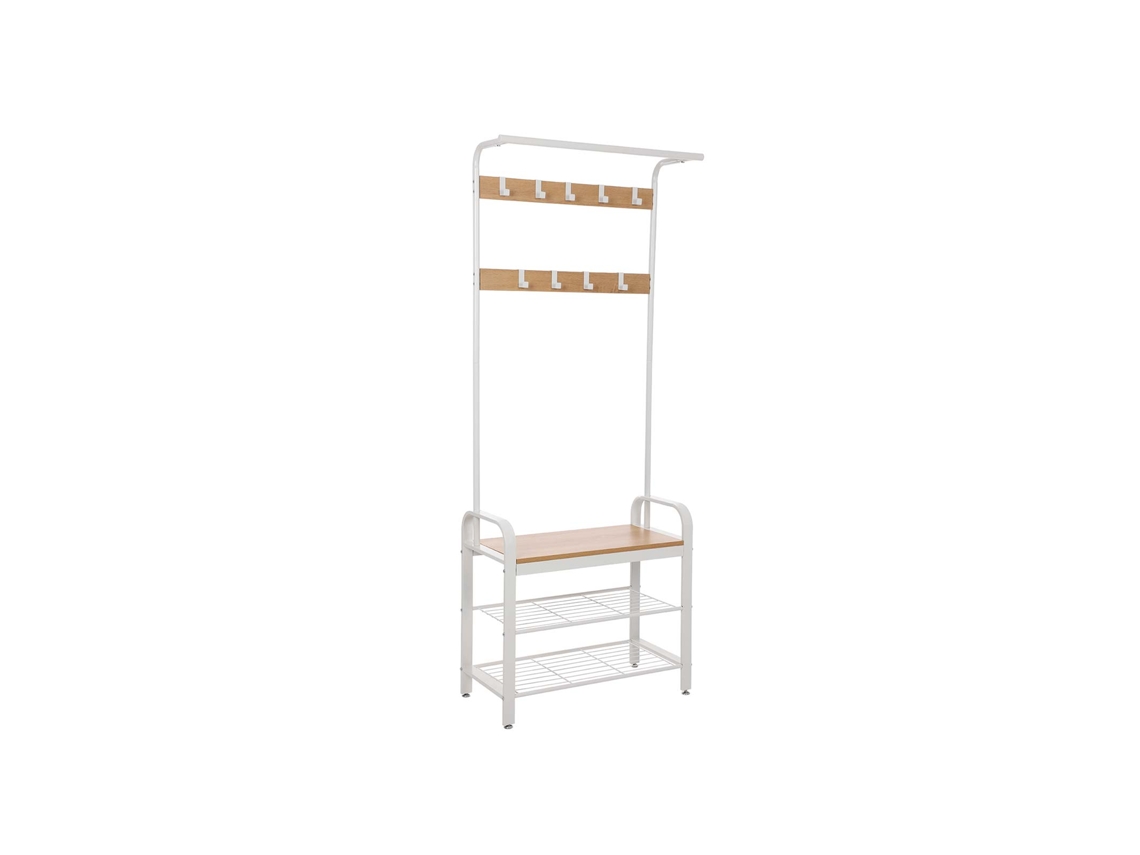 Perchero De Pie Con Zapatero De Madera Y Hierro 9 Ganchos 72x34x183 Cm - Blanco