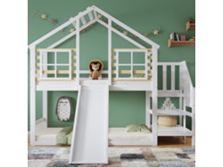 Litera Mobrio de 90 x 200 cm con escalera, tobogán, ventana y barreras de seguridad de madera maciza blanca