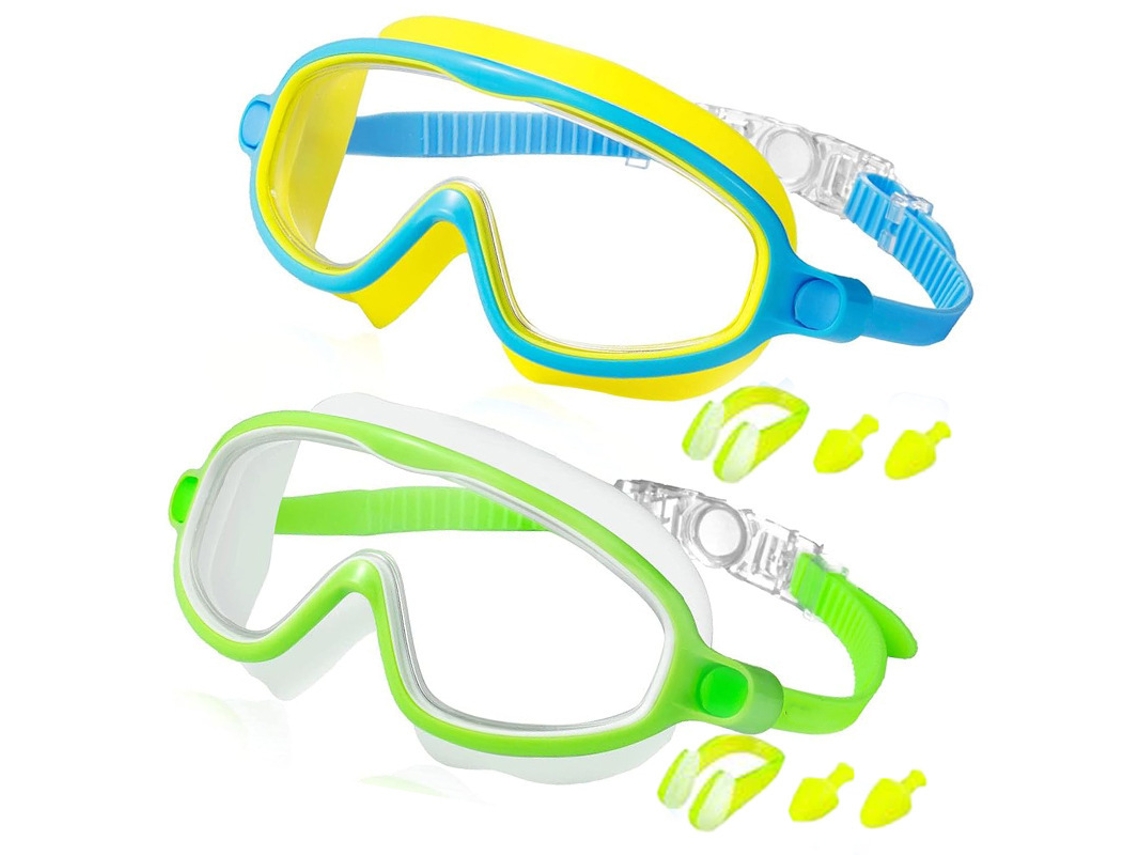 Gafas de natación infantiles 600a Amarillo/Azul + Blanco/Verde (Estuche para gafas de natación + Pinza nasal y tapones para los oídos)