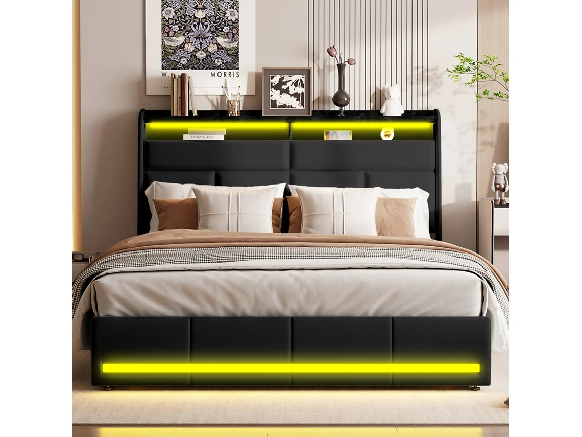 Cama Led Moderna De 160x200 Cm, Con Almacenamiento Hidráulico, Cama Doble Con Usb Y Led, Somier De Láminas, Pu, ​​color Negro,sin Colchón