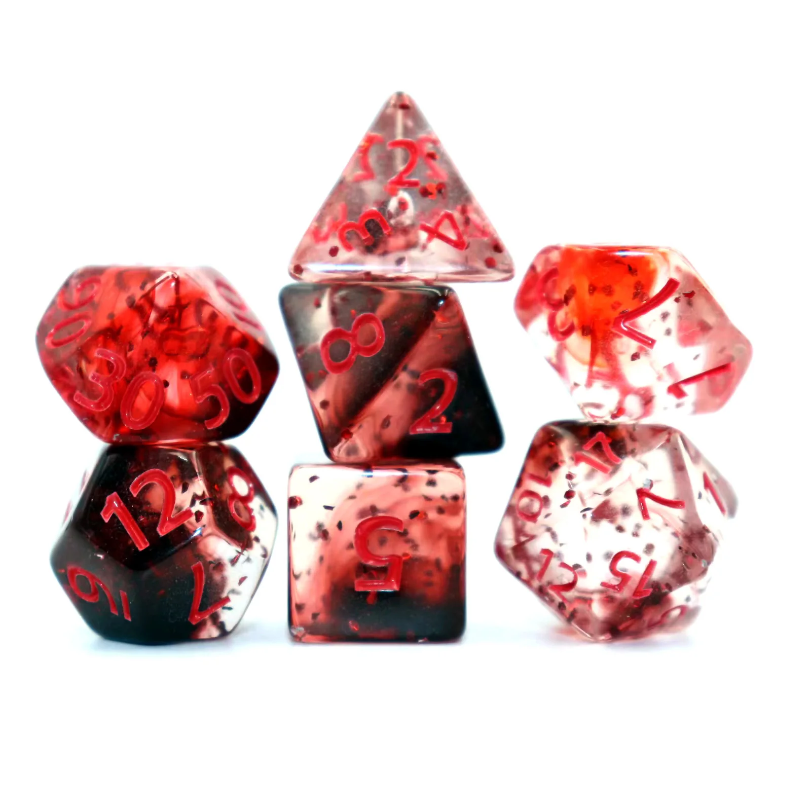 Juego de 7 dados multifacéticos de cristal para juegos de rol de mesa (rojo).