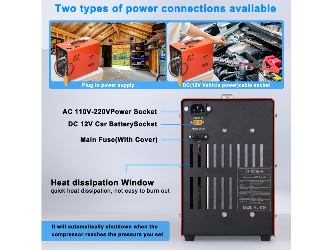 Compresor de aire eléctrico portátil de 4500 psi con pantalla LCD