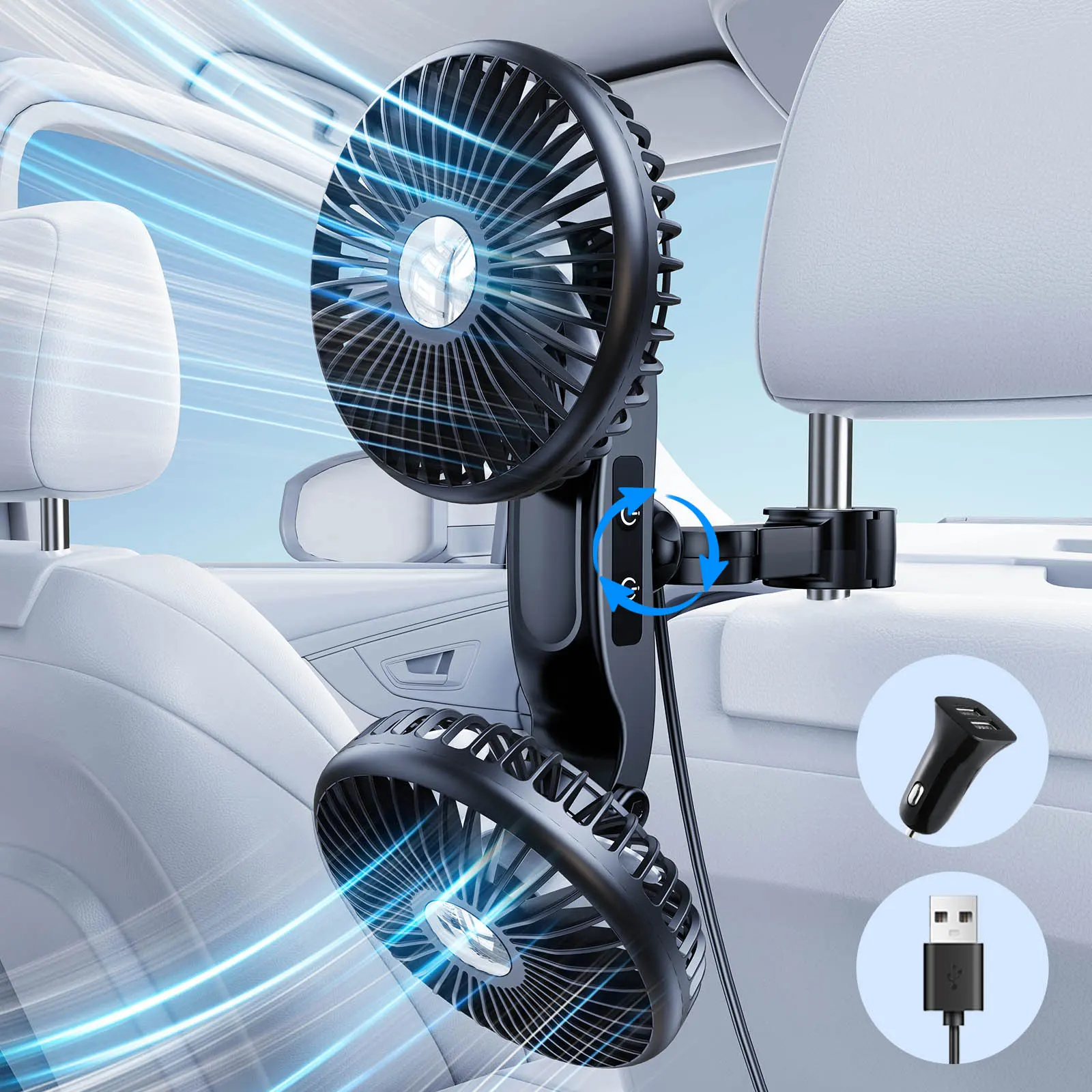 Soporte Para Ventilador De Coche De Doble Cabezal Con Función De Carga Usb Y Brazo Largo Ajustable.