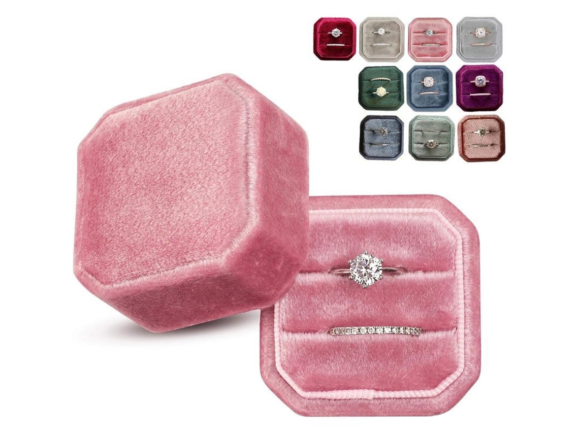2026-caja De Anillos De Terciopelo Vintage Con 2 Ranuras Para Boda Y Fotografía Novia Rosa