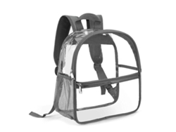 Mochila transparente con espacio suficiente para libros y un iPad, ideal para viajes informales, de color gris.
