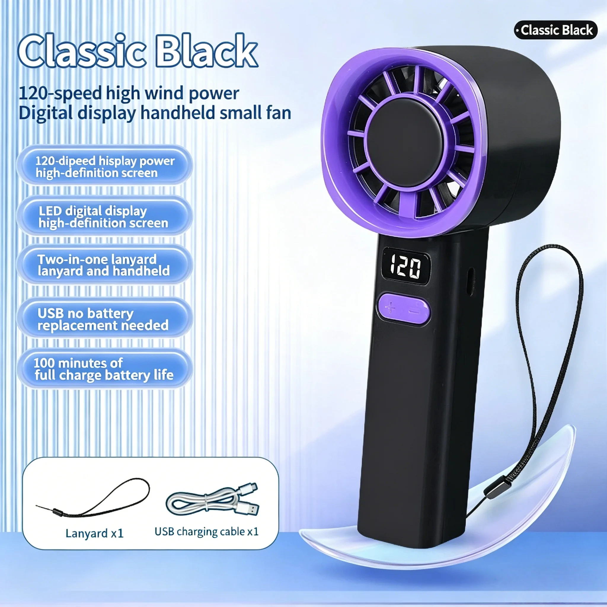 Ventilador De Turbina Portátil Mini Lcd (negro), Recargable, Con Pantalla Digital.
