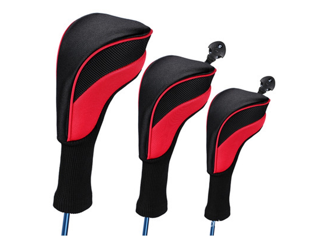 Fundas para palos de golf (3 piezas, rojas) para maderas de calle, drivers e híbridos. Juego de fundas de malla largas.