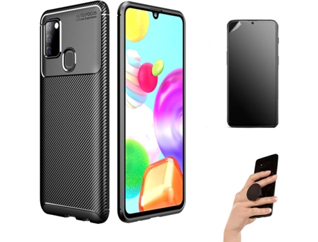 Kit Carcasa Y Protector Samsung A21S Ultimatte Rugged Y Popsocket Negro