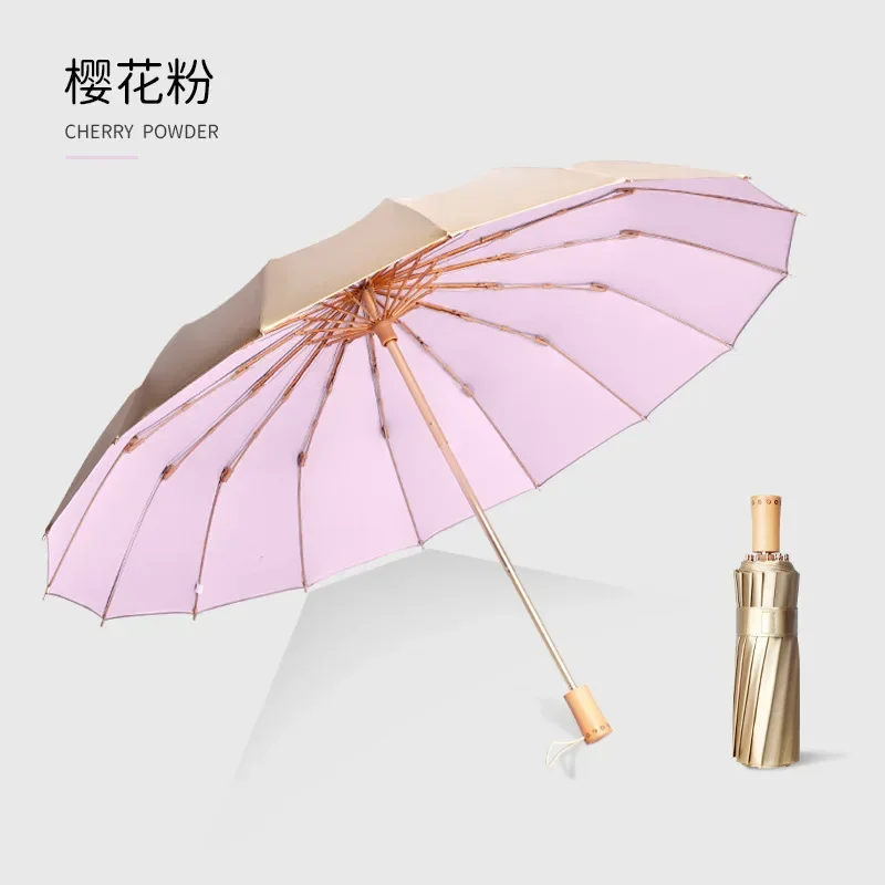 Paraguas Plegable (rosa 16k) Con Protección Upf50+ Y Revestimiento Dorado.