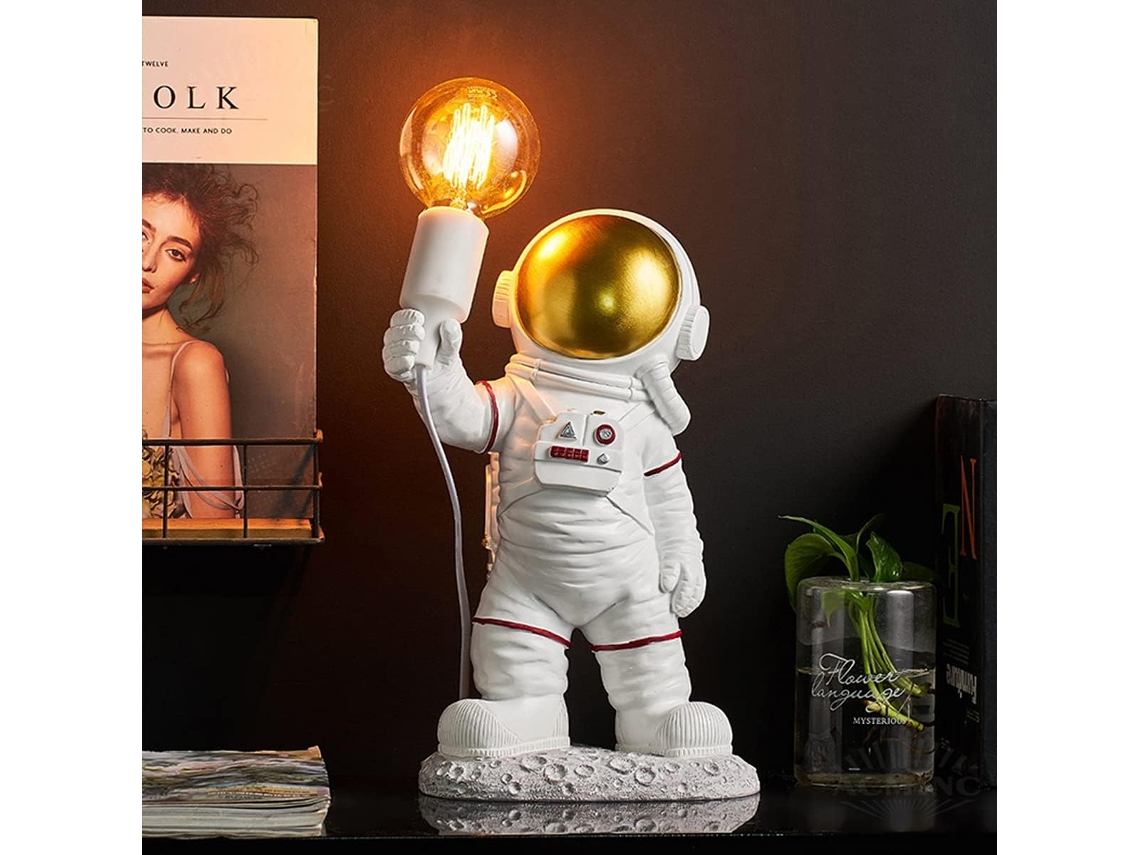 Lámpara de mesa infantil astronauta, lámpara de mesa LED luminosa astronauta moderna Habitación infantil con enchufe regalo para niños y niñas, lámpara de noche E27 blanco y dorado UISAVE